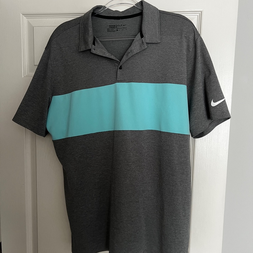 Nike Men's Charcoal and Aqua Polo Shirt
